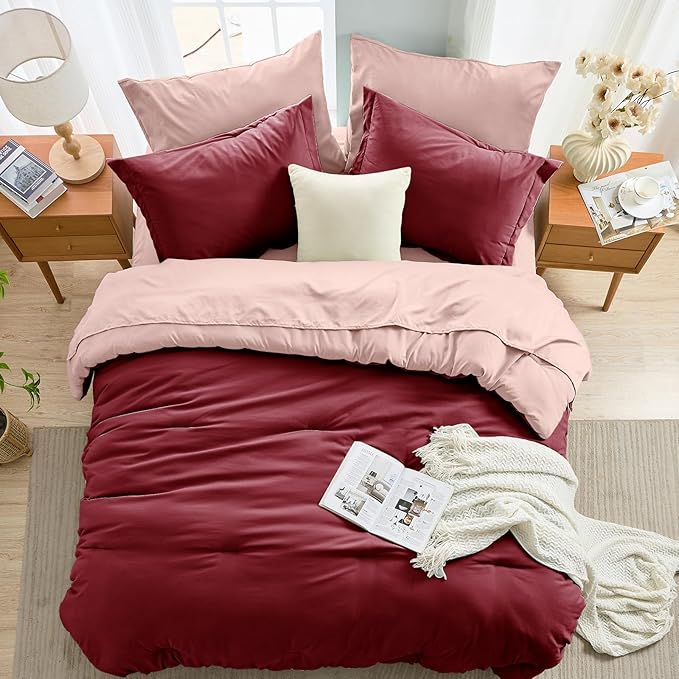MUXHOMO 7 Pieces Full Comforter Set, Soft Bed in a Bag Full Size, All Season Bedding Set with Comforter, Flat Sheet, Fitted Sheet, Pillowcases & Shams, Burgundy & Rose Gold