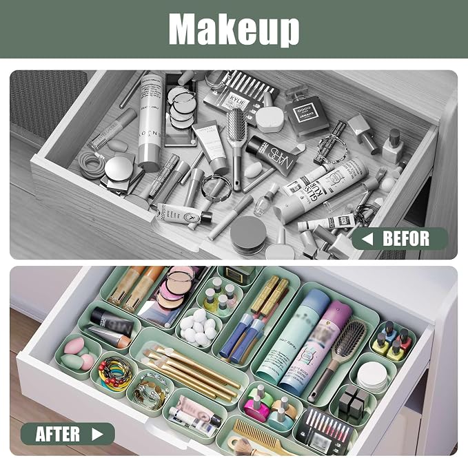Plastic Drawer Organizers, 10 PCS Drawer Organizer Bins, Bathroom and Vanity Organizer Plastic Tray, Makeup organizer and storage for Makeup, Bedroom, Kitchen Gadgets Utensils and Office (Green) - Image 8