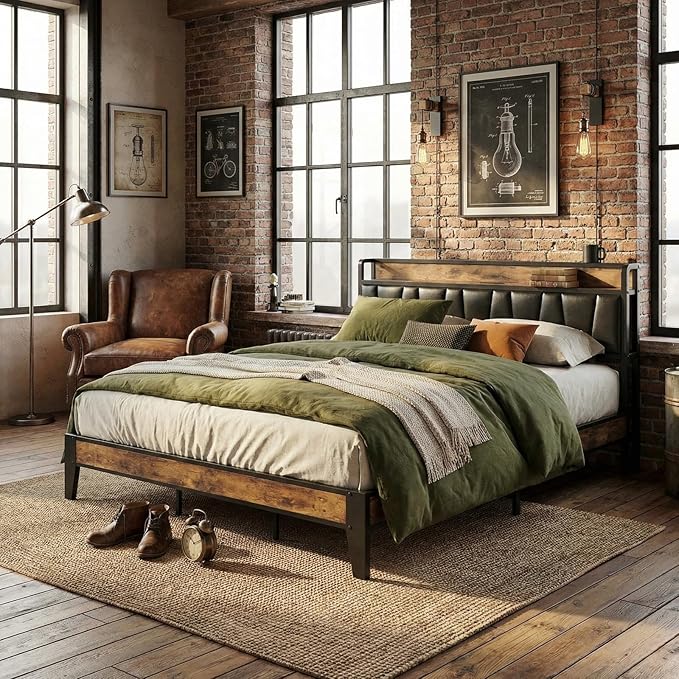 LIKIMIO California King Bed Frame, Storage Headboard with Charging Station, Solid and Stable, Noise Free, No Box Spring Needed, Easy Assembly (Vintage and Black)