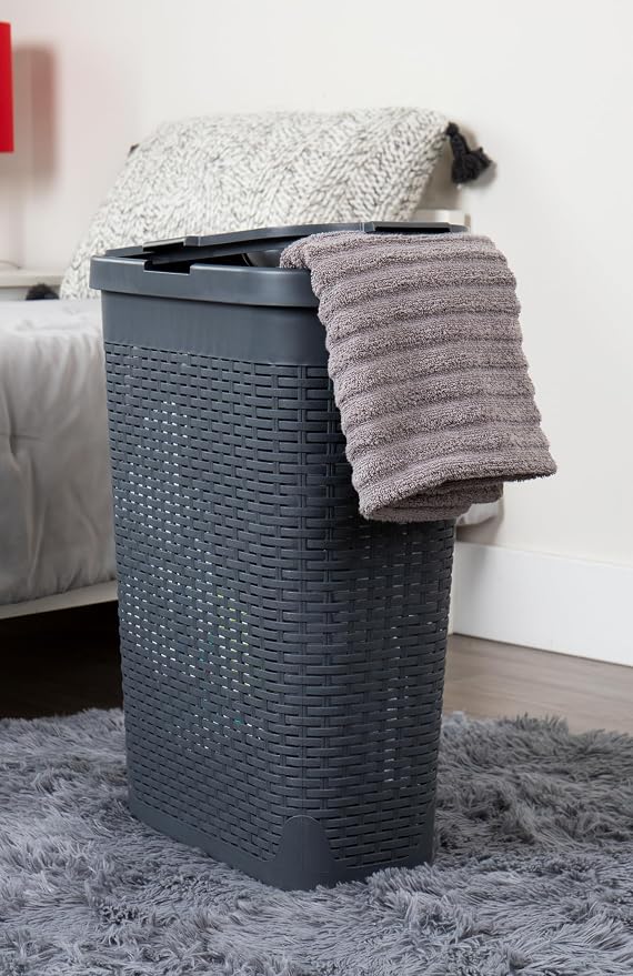 Mind Reader Slim Laundry Hamper with Lid, 40L Clothes Basket, Narrow Tapered Design with Ventilated Cutout Pattern, Plastic, Gray - Image 6