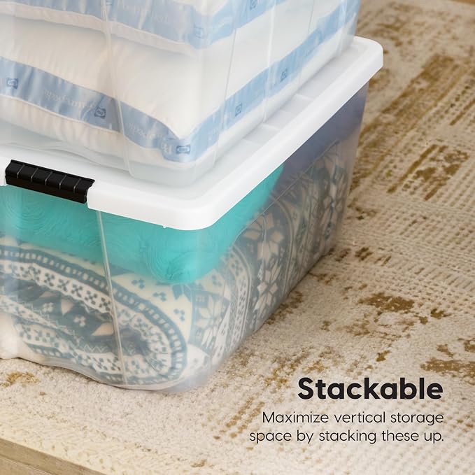 IRIS USA 94 Qt Stackable Plastic Storage Bins with Lids, 4 Pack - BPA-Free, Made in USA - See-Through Organizing Solution, Latches, Durable Nestable Containers, Secure Pull Handle - Clear/White - Image 7