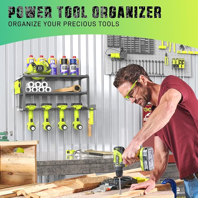 SUNALLY Power Tool Organizer, Heavy Duty Iron, 3 Layers Storage Rack with 4 Drill Holders, Floating Tool Shelf Wall Mounted, Matte Black, Work Shop, Garage, 150Lbs Load Capacity - Image 7