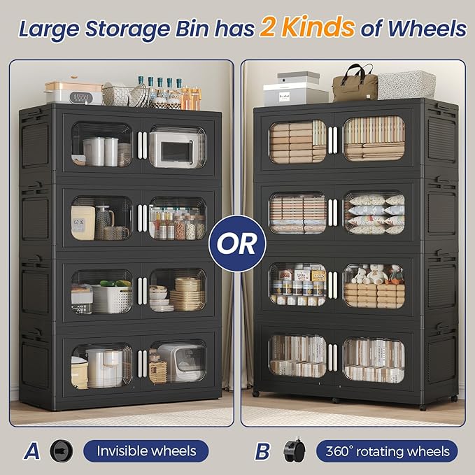 150Gal Extra Large Stackable Storage Bins with Lid & Wheels & Doors, 200QT/50GAL 3-Tiers Collapsible Closet Organizers Plastic Containers Drawers Boxes for Home Kitchen Bedroom, Black