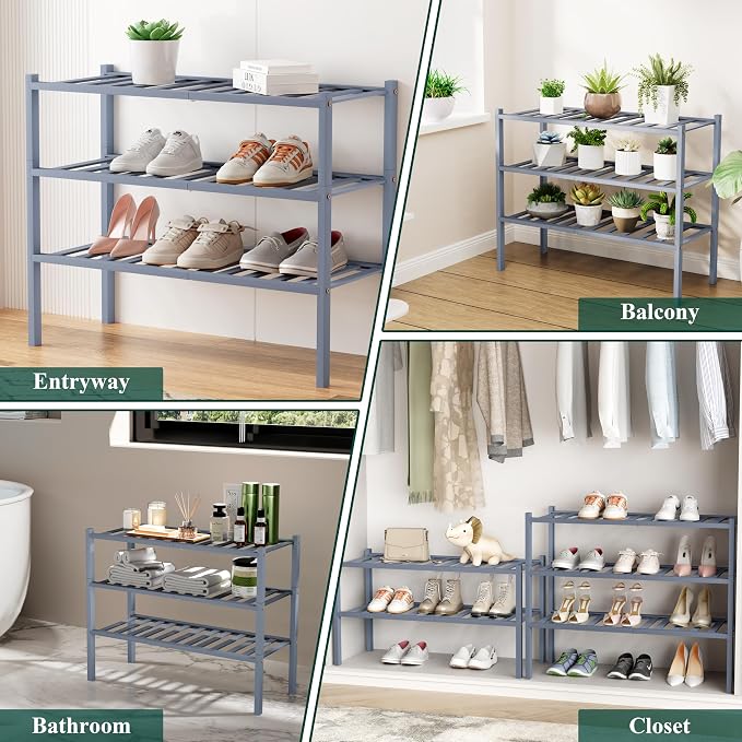 Smiry Shoe Rack, 3 Tier Bamboo Shoe Organizer, Stackable Free Standing Wooden Shoe Storage Shelf for Closet, Entryway, Front Door Entrance, Grey - Image 7