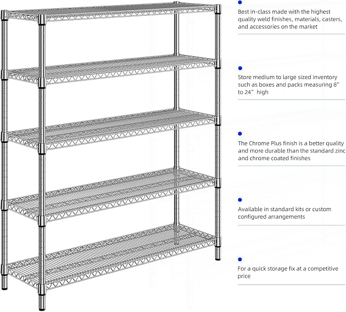 M MZG 3500LBS 59" W 5 Tier Storage Shelves Rack Metal Wire Shelving Unit, Storage Standing Shelf Organizer for Laundry Bathroom Kitchen Pantry Closet Garage, Chrome 17.7" D x 59.1" W x 70.4" H - Image 7