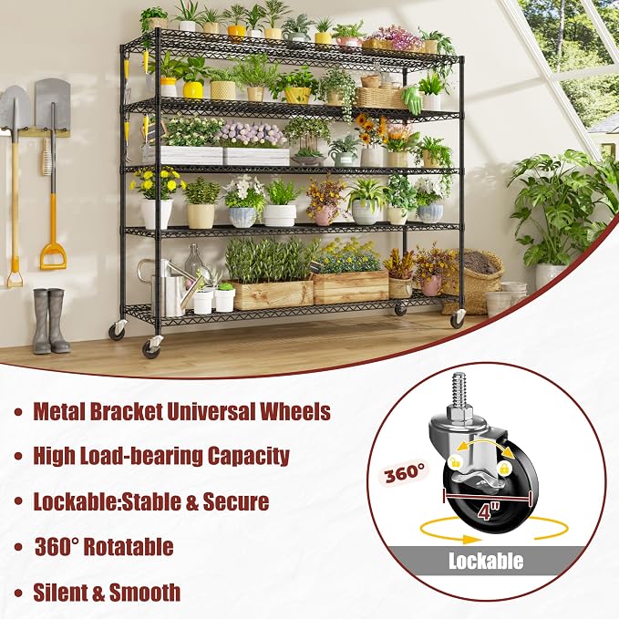 PrimeZone 5 Tier 80.7"H x 55.5"W x 24"D Wire Shelving with Wheels 3000lbs NSF Certified Storage Shelves Heavy Duty Metal Shelf Adjustable Rolling Rack Commercial Garage Restaurant Warehouse Kitchen - Image 9