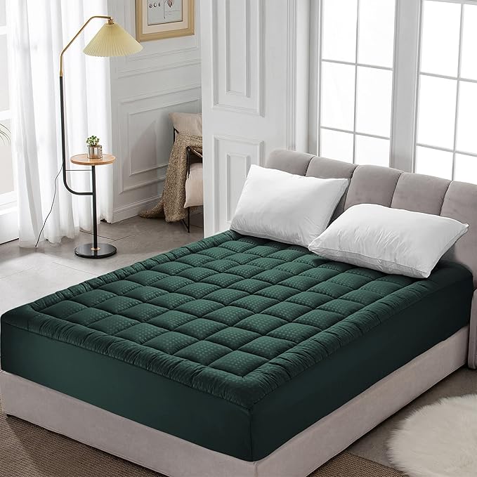 HYLEORY Queen Mattress Pad Quilted Fitted Mattress Protector Cooling Pillow Top Mattress Cover Breathable Fluffy Soft Mattress Topper with 8-21" Deep Pocket, Green
