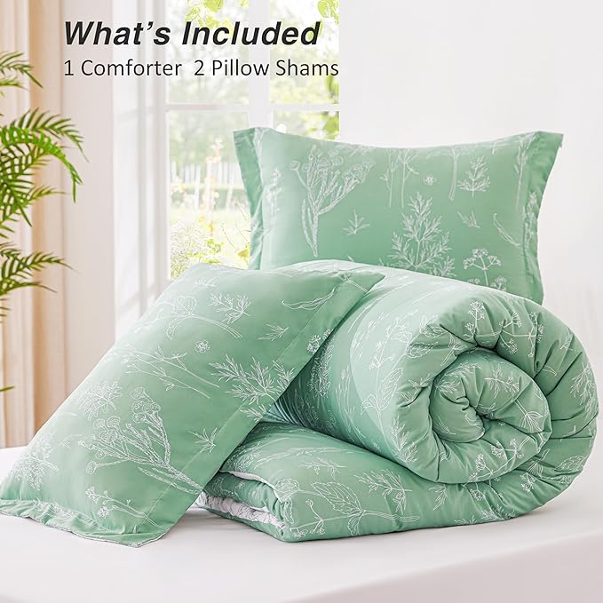 Love's cabin Comforter King Size Set - Sage Green King Comforter Set, 3 Pieces Cute Floral Bedding Sets for All Seasons,1 Soft Reversible Botanical Flowers Comforter and 2 Pillow Shams