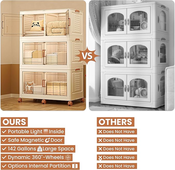 FINCHESCLUB 568QT XL Stackable Storage Bins with Lids, 141Gal Foldable Storage Bins with Doors, Wheels and Lights - Collapsible Closet Cabinets for Home Office - 3 Pack - Off White