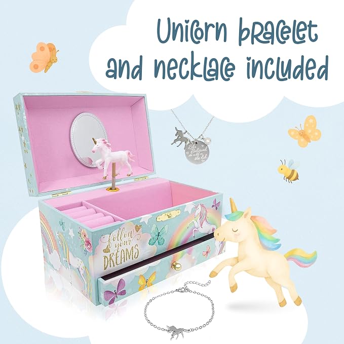 The Memory Building Co Unicorn Musical Jewelry Box Plays Classic Melody, Storage Organizer Music Box for Kids Ages 6-12, MDF Wood w/ 2 Fabric Lined Ring Bracelet Necklace Treasure Compartments - Image 9