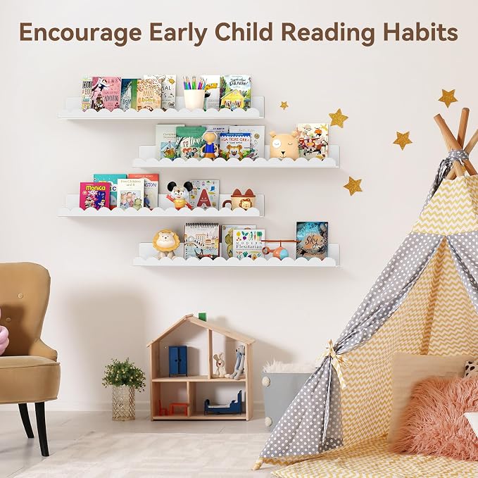 Floating Shelves for Wall, 23 Inch Metal Nursery Book Shelves 4 Pack, Wall Mounted Book Shelf for Kids Room, Bedroom, Bathroom, Playroom Decor (White) - Image 7