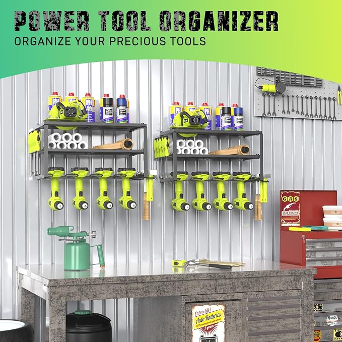 SUNALLY 3-Tier Heavy Duty Steel Power Tool Organizer, Matte Black, 3 Layers Tool Rack Cordless Drill, Floating Shelf Wall Mounted, 4 Drill Holders - Image 7
