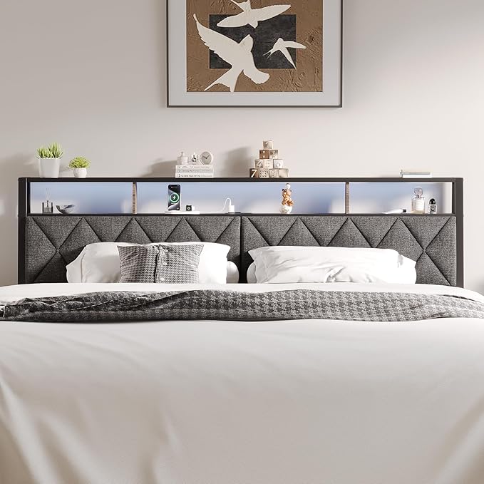 Queen Headboard Only, Headboard for Queen Size Bed with Storage, Upholstered Headboards with LED Lights & Charging Station, Attach Frame, Ideal for Bedroom/Dorm/Guest Room, Dark Grey & Brown