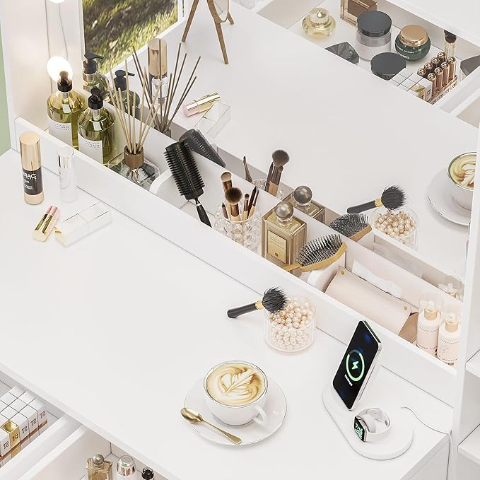 UGTOO White Vanity Table with Drawer Dresser, Farmhouse Vanity Makeup Desk with Charging Station, Vanity Desk with Lights Mirror & Drawers for Makeup, Vanity Desk with Storage Shelf & 5 Drawers