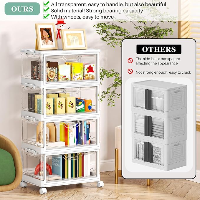 Kmiectse Clear Storage Bins with Lids - 4 Tier Plastic Bins with Wheels, Stackable Storage Bin, Closet Organizers Box for Bedroom, Living Room, 23 QT Folding Box with Magnetic door - Image 6