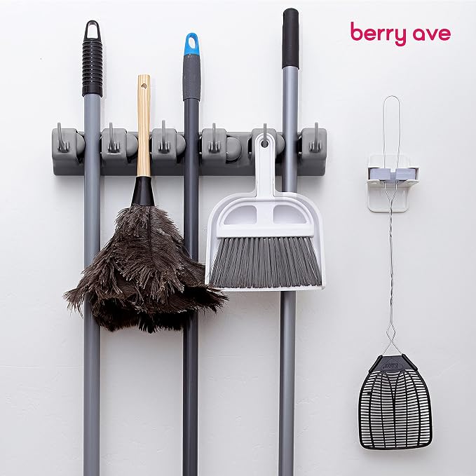 Combo 5 Slot Broom Holder w/ 1 Self Adhesive Mop Gripper No-Drilling, Wall Mount Tool Organizers For Kitchen, Garage, Laundry Room- Anti-Slip Hanger For Brooms, Mops, Rakes, Dustpans (Grey / White) - Image 9
