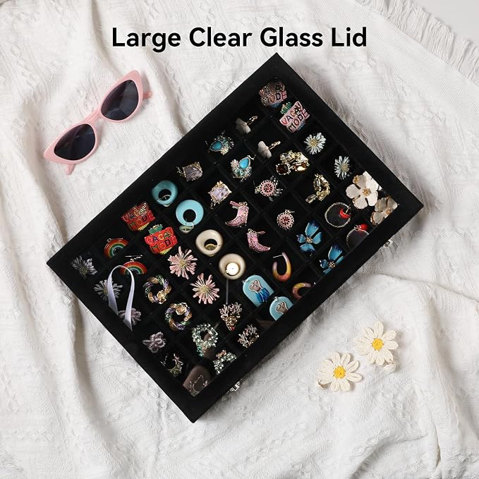 Frebeauty 48 Grid Jewelry Tray,Adjustable Earring Holder Organizer with Glass Lid,Velvet Drawer Jewelry Organizer for Rings,Studs,13.8 x 9.5 x 2 Inches Jewelry Display Box,Gift for Women(Black) - Image 7