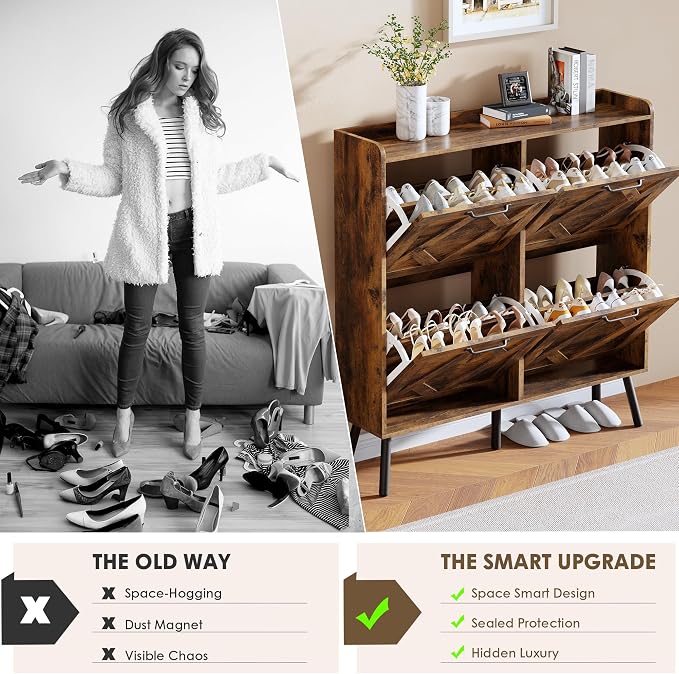 Nicetree Shoe Cabinet Storage for Entryway, Freestanding Shoe Storage Cabinet, Farmhouse Narrow Shoe Rack Cabinet for Entryway, Foyer, Hallway, Shoe Cabinet 4 Flip Drawers, Rustic Brown - Image 9
