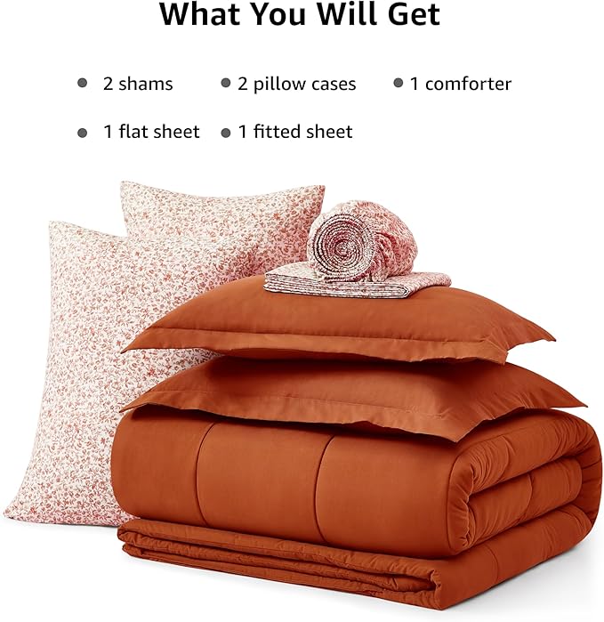 Monbix Queen Comforter Set - 7 Pieces Burnt Orange Bed in a Bag Queen Track Stitching Bedding Sets, All Seasons Comforter Bed Set with Sheets, Pillowcases & Shams