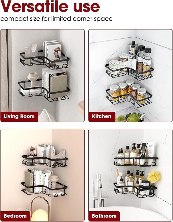 Sakugi Corner Shower Caddy - 2 Pack, Adhesive Shower Organizers, Rustproof Stainless Steel Shower Shelves with 8 Hooks, No Drilling Bathroom Organizers and Storage Racks, Space-Saving, Black, Large - Image 9