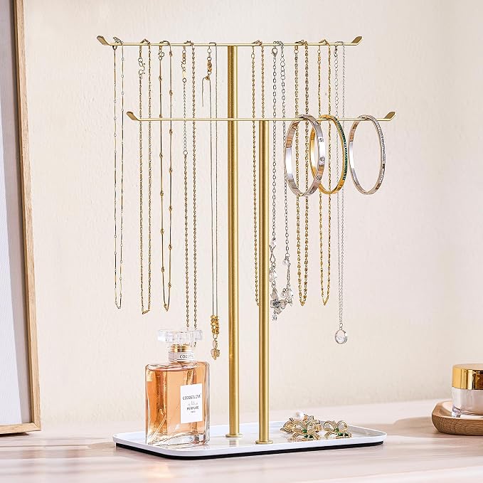 pickpiff Necklace Holder Jewelry Organizer Stand – 2‑Tier T‑Bar Jewelry Display Tree with Tray for Countertop Necklace Bracelet Earring Storage, Vanity Dresser Bathroom Sink, Gold - Image 7
