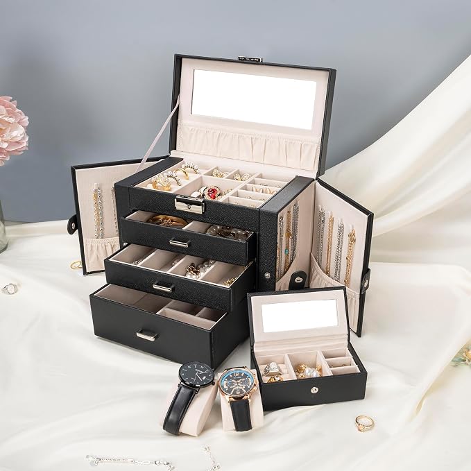 AKOZLIN 4-Tier Jewelry Box Lockable Leather Jewelry Storage Case Organizer with 3 Drawers for Women Girls Ring Necklace Earring Bracelet Watches Holder with Mirror - Image 6