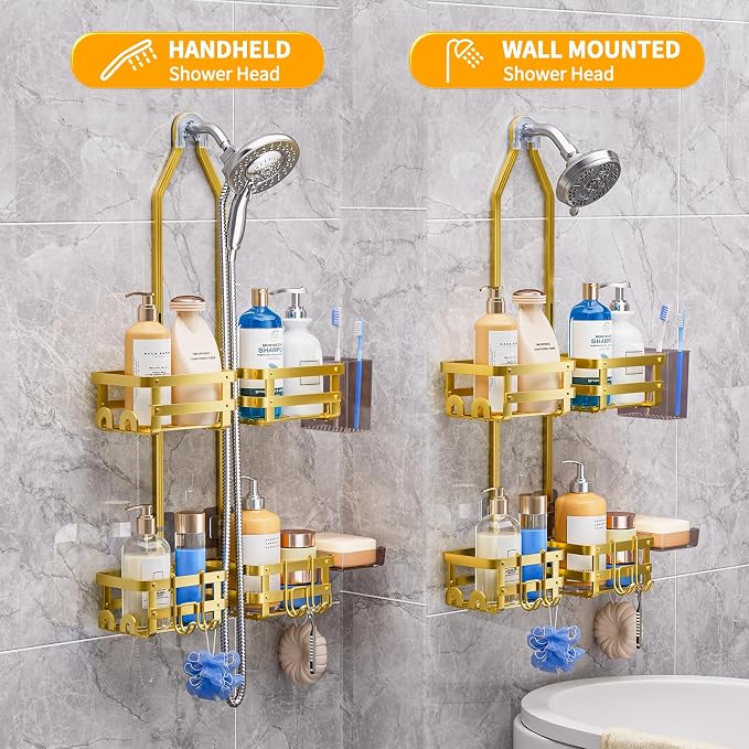 GAOKASE Aluminum Shower Caddy Hanging, Never Rust Shower Organizer- 4 Levels with adjustable Height 10 Hooks for Razor/Sponge - Rack with Soap Basket (Gold) - Image 8
