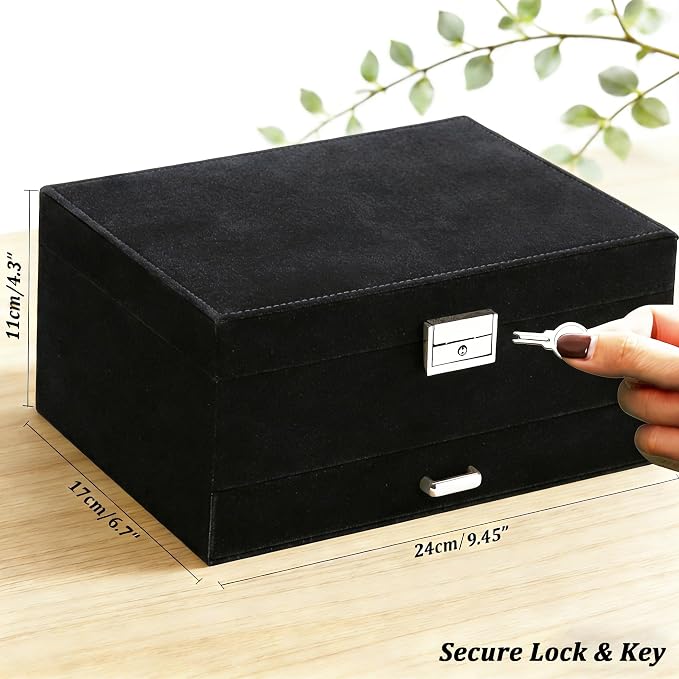 QBestry Jewelry Box for Women with Drawer, 3-Layer Large Jewelry Organizer with Lock & Key, 8 Necklace Hooks & 56 Earring Holes, Black Velvet Jewelry Storage Box for Necklaces Earrings Rings Bracelets - Image 9