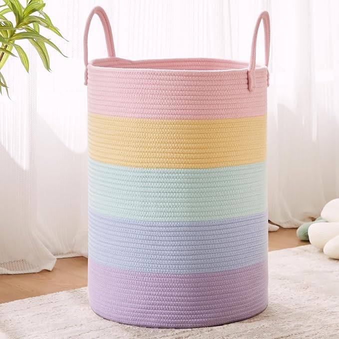 80L Extra Large Rainbow Laundry Hamper for Baby Girls Clothes Tall Woven Laundry Basket for Kids Nursery Toy in Playroom Blanket Basket for Living Room Bedroom 16"D x 22"H Pastel Unicorn - Image 8
