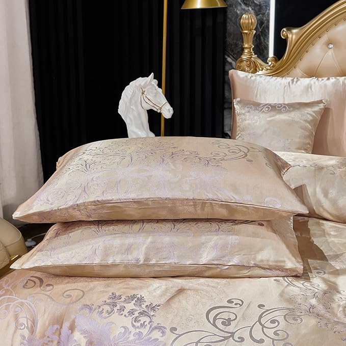 Jacquard Queen Comforter Set with Sheet Set Gold Bedding Set 8 Pcs Embroidery Neoclassical Floral Pattern Bed Home Decor Soft Down Comforter Luxury Hotel Silky Bed in a Bag with 1 Cushion Cover