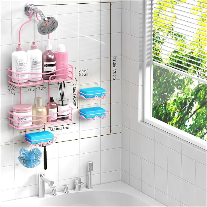 DAOYA Over the Shower Head Caddy Pink - Shower Caddy Hanging with 3 Soap Holders, Stainless Steel Bathroom Organizer and Storage, Rustproof - Image 6