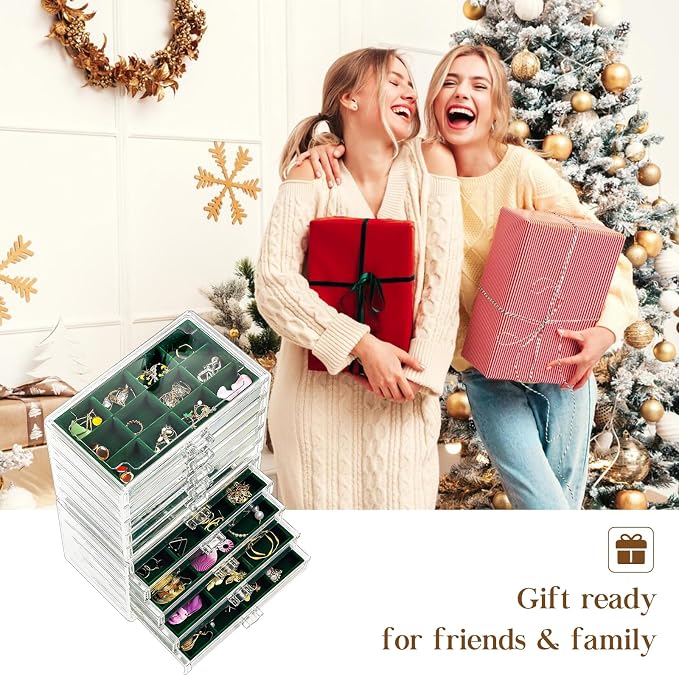 ProCase Earring Holder Organizer Jewelry Box with 10 Drawers, Acrylic Clear Earring Case with Adjustable Velvet Trays for Women - Emerald,10 Layers - Image 7