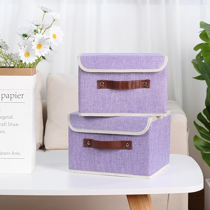 ANMINY Storage Bin with Lid Storage Boxes with PU Leather Handles PP Plastic Board Decorative Foldable Lidded Cotton Linen Fabric Home Cubes Baskets Closet Organizer Container - Purple, Medium - Image 8