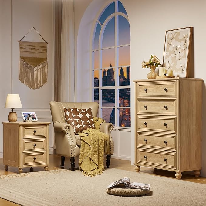 RWYHG 18" Farmhouse Night Stand, Natural Wood Nightstand with 3 Drawers, Bedside End Table with Storage and Roman Column, Bed Side Tables Cabinet for Bedroom, Living Room, and Closet