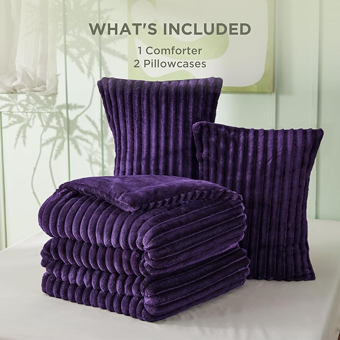 Bedsure Comforter Set Queen Size - GentleSoft™ 3 Pieces Double-Side Fleece Fluffy Purple Comforter Set, Cozy Striped Room Decor Aesthetic, Luxury Bedding Queen Size, 2 Pillowcases, 90x90 Inches