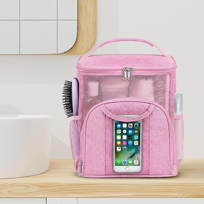 Attmu Mesh Shower Caddy Portable Dorm Tote Bag, Quick Dry Hanging Toiletry Bag, Large Capacity Shower Bag for College Dorm Room Essentials for Boys and Girls for Bath Camping (Light Pink) - Image 7