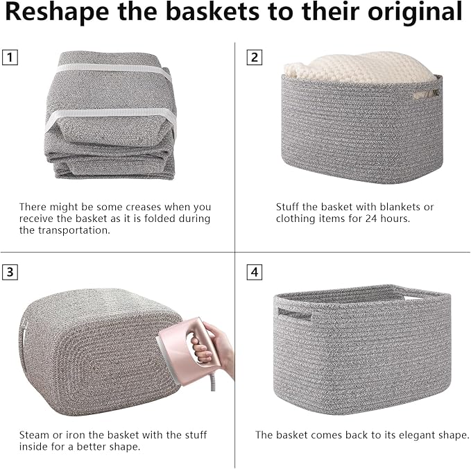 OIAHOMY 4 Pack Storage Baskets for Organizing, Cube Storage Bins for Shelves, Rectangle Storage Baskets With Handles, Woven Baskets for Storage, 16''Lx12''Wx8''H, Grey - Image 7