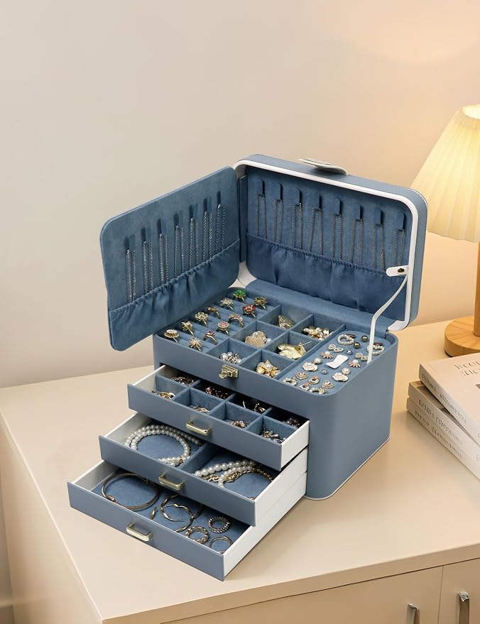 KAMIER Jewelry Boxes for Women, 4 Layer Jewelry Organizer with Mirror, 3 Drawers, Large Jewelry Box for Bracelets, Earrings, Rings, Necklaces, Mothers Day Gifts for Loved One, Bluish Grey - Image 8