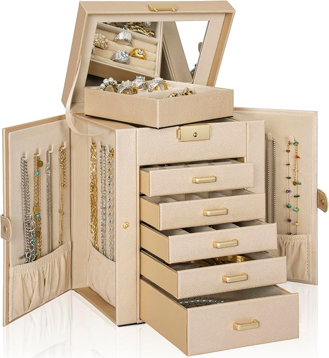 AKOZLIN 6-Tier Jewelry Box Lockable Leather Jewelry Storage Case with 5 Drawers for Women Girls Ring Necklace Earring Bracelet Holder Organizer with Mirror - Image 8