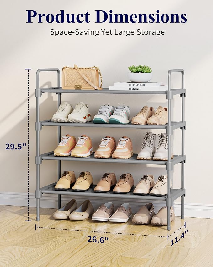 Kitsure Shoe Rack for Closet, Shoe Organizer for Front Door Entrance, Stackable Shoe Shelf, Detachable Closet Organizers and Storage, 26.6" Wide - 4 Tiers, Grey - Image 2