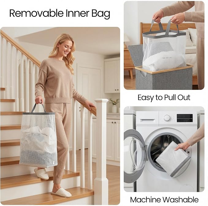efluky Slim Laundry Basket with Lid, Narrow Laundry Hamper with Removable Bag, Skinny Dirty Clothes Basket with Bamboo Handles for Bathroom, Bedroom & Laundry Room, 65L Grey - Image 8