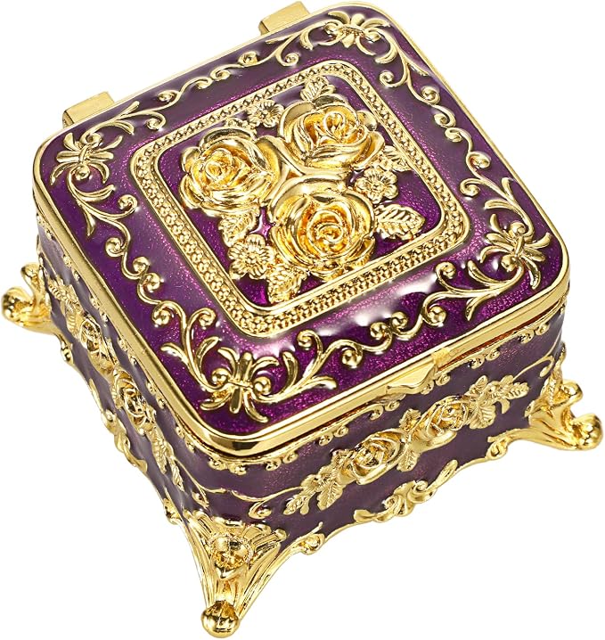 Hipiwe Vintage Jewelry Box Small Trinket Storage Organizer Box Gold Metal Chest Ring Case Treasure Chest Square Keepsake Boxes for Earrings Necklace Gift for Women,Purple - Image 9