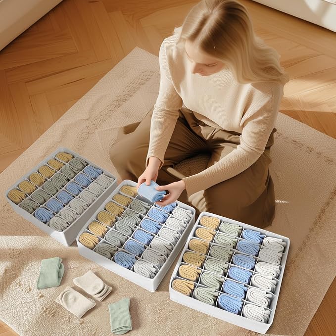 Joyoldelf Sock Organizer Drawer Organizer - Underwear Organizer, 24 Cell Collapsible Closet Organizers and Storage Sock Holders Organizers for Storing Socks, Ties, Belts 6 Pack White - Image 8