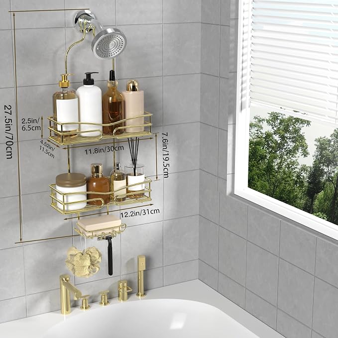 DAOYA Over the Shower Head Caddy - 3 Tier Shower Caddy Hanging, Gold Bathroom Organizer with Soap Holder & Hooks - Image 6