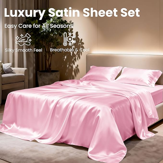 Love's cabin Twin XL Satin Sheet Sets - 3 Piece Pink Silky Bed Sheets with Deep Pockets, Luxury Silk Feel Satin Sheet Set Twin XL (1 Flat Sheet,1 Fitted Sheet,1 Pillow case)