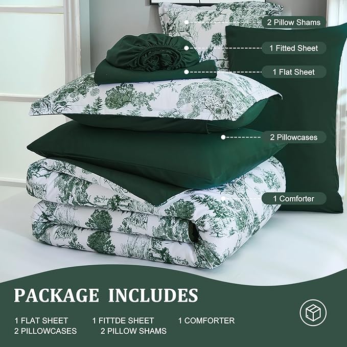 DJY King Size Comforter Sets, Green Botanical Comforters with Sheets 7 Pieces Bed in a Bag King Elegant Plants Print Soft Microfiber Reversible Complete Bedding Sets for All Season