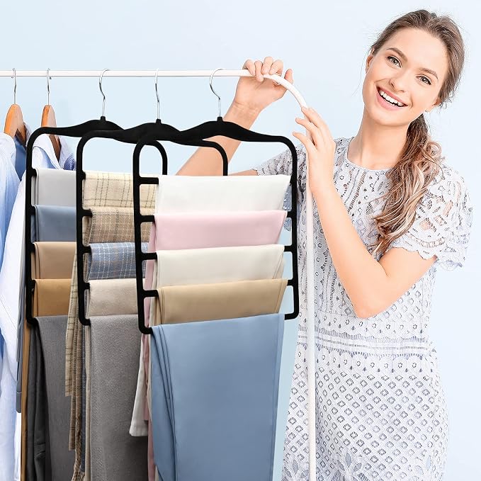 Pants Hangers Space Saving,5P Scarf Hangers for Closet Organizers and Storage,Non Slip Velvet Hanger for Closet Organizer,College Dorm Room Essentials,Heavy Duty Organization and Storage Jean Hangers - Image 7
