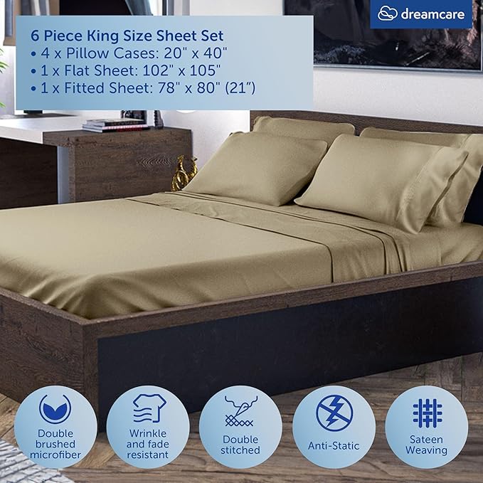 DREAMCARE King Size Sheets Set -6 pcs Breathable Cooling Bed Sheets -up to 21" Extra Deep Pocket King Sheet Set with Side Pockets Extra Soft 100% Brushed Hypoallergenic Hotel Luxury Bedding Eucalyptus