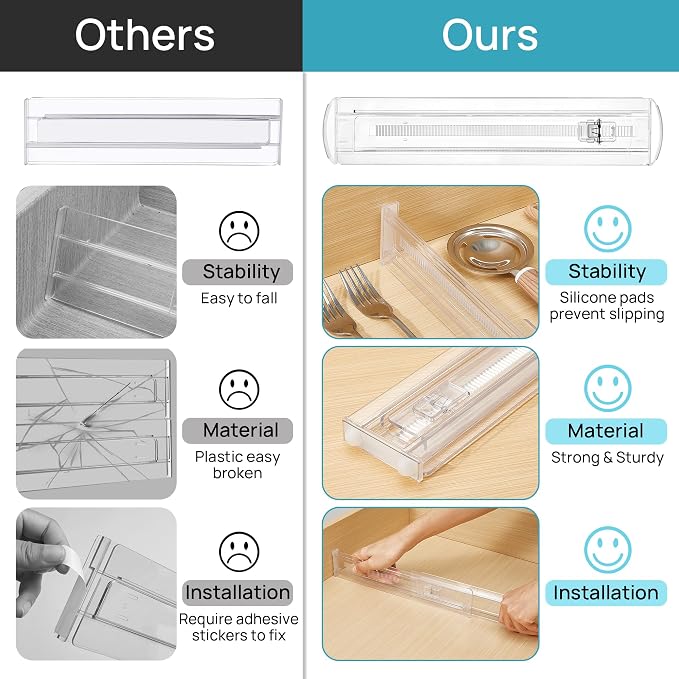 Vtopmart 4 Pack Shallow Drawer Dividers, 2.36" High 12.5"-20.8" Adjustable Expandable Kitchen Drawer Organizer, Clear Plastic Organizer Separators for Flatware, Utensil, Cutlery, Underwear, Clothes - Image 8