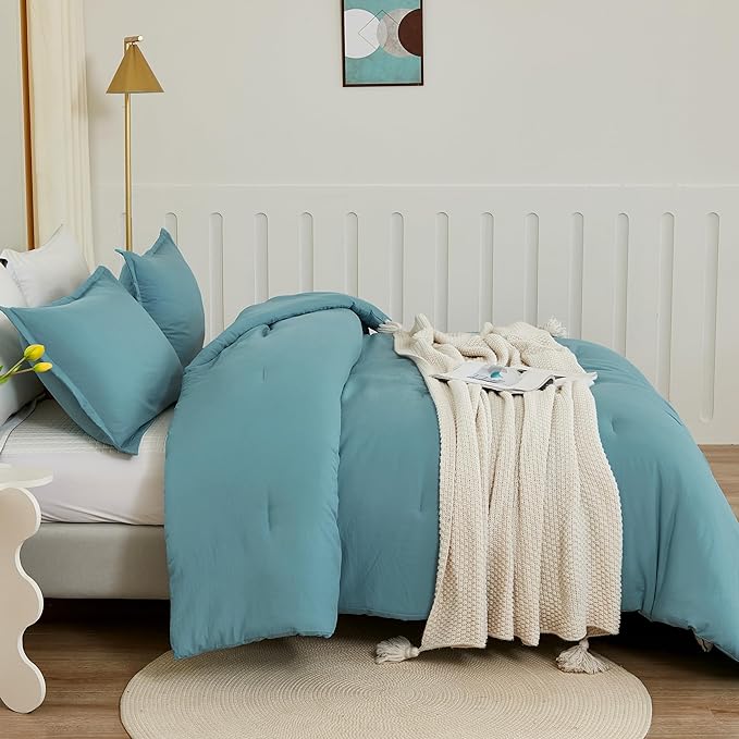 Litanika Comforters Grayish Teal Oversized Queen Size, 3 Pieces Lightweight Solid Bedding Comforter Set, All Season Fluffy Bed Set (98x98In Comforter & 2 Pillowcases)